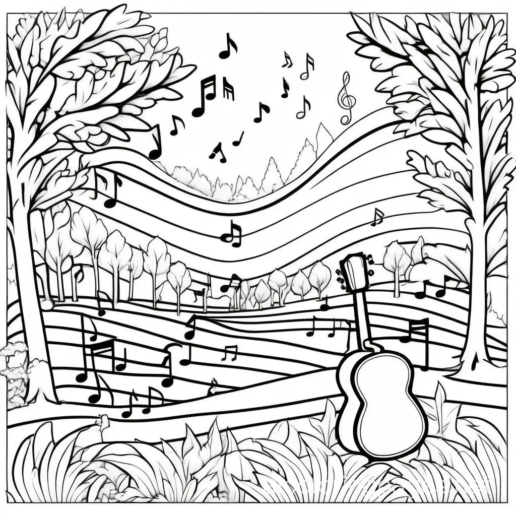 Music and Nature, Coloring Page, black and white, line art, white background, Simplicity, Ample White Space. The background of the coloring page is plain white to make it easy for young children to color within the lines. The outlines of all the subjects are easy to distinguish, making it simple for kids to color without too much difficulty