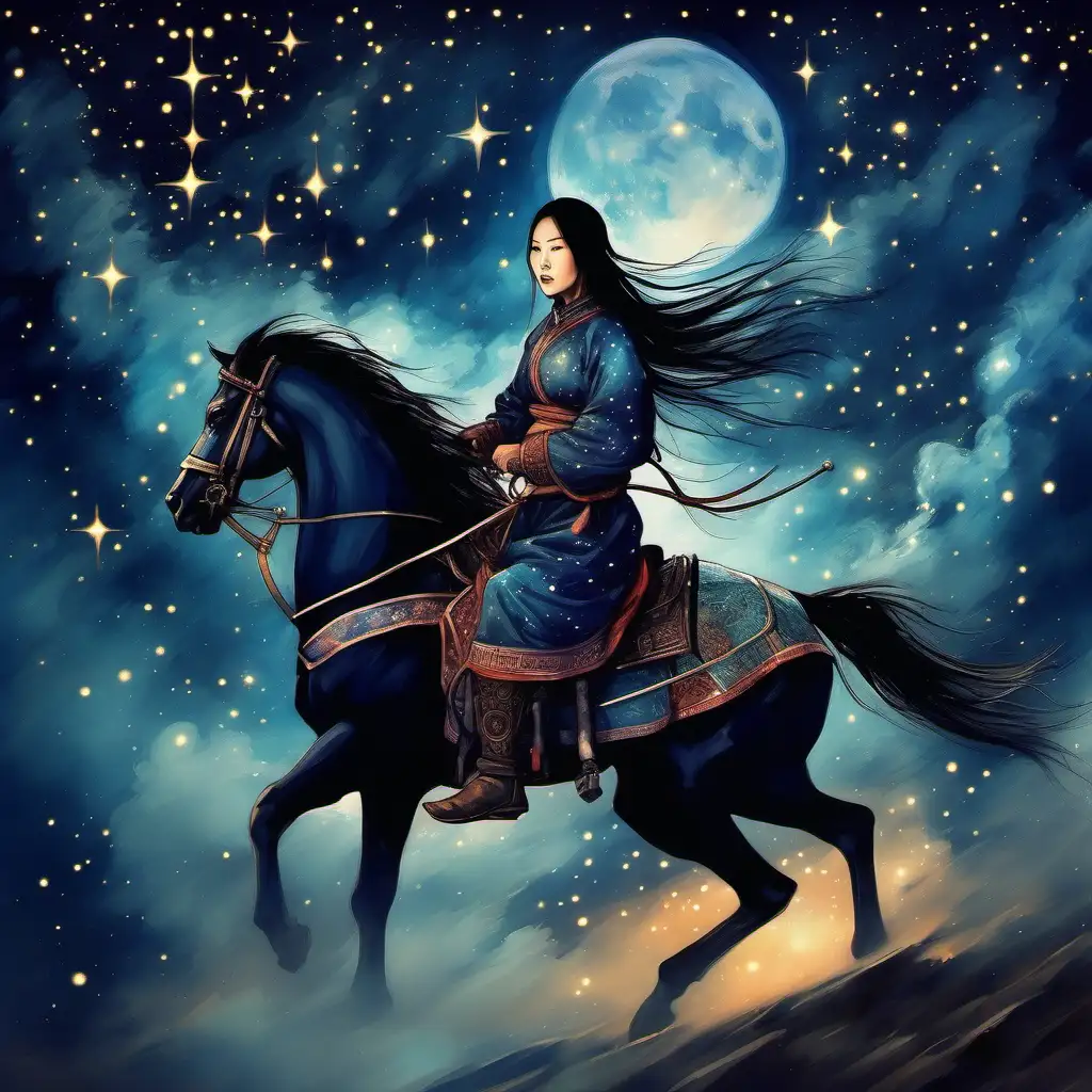 A classic painting of a female mongole rider, night time, stars in the sky, spooky and beautiful, bokeh 
