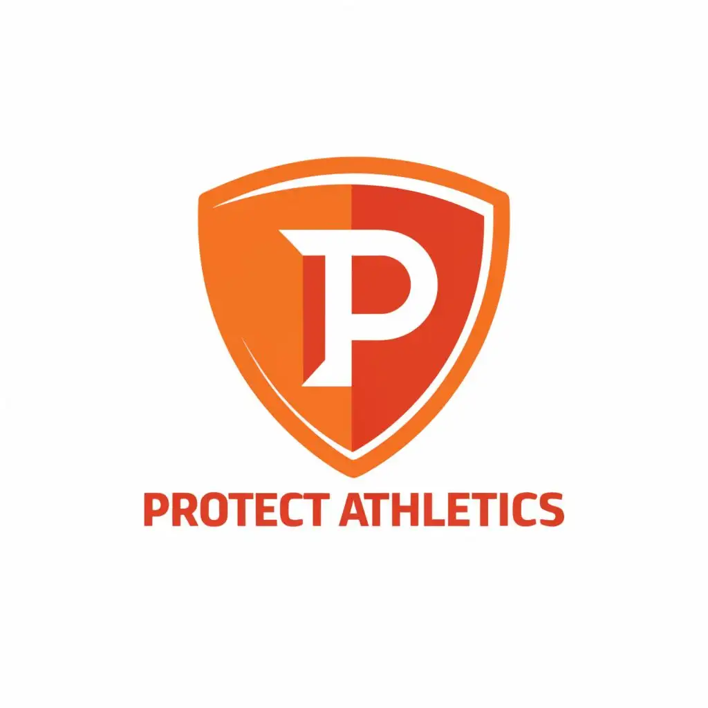 logo, a modern shield with a simple capital P inside with a safety orange color scheme, with the text "ProTect Athletics", typography