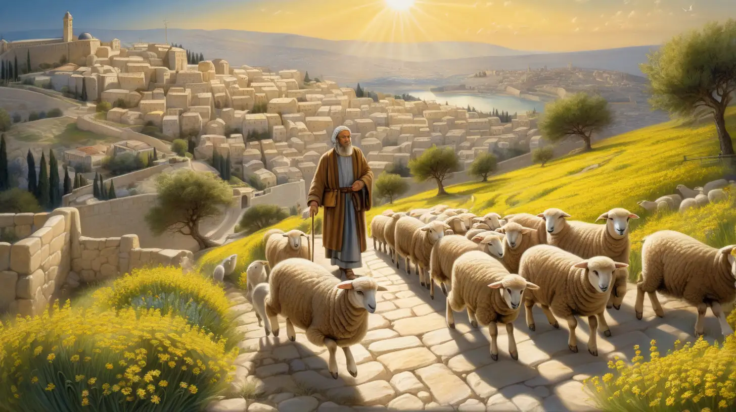 Hebrew Shepherd Leading Lambs and Kids on Mountainous Path near Jerusalem