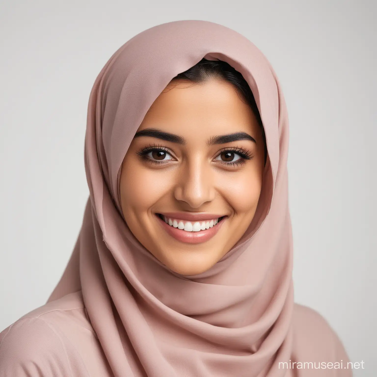 a saudi woman modern and young smiling and behind her a white background