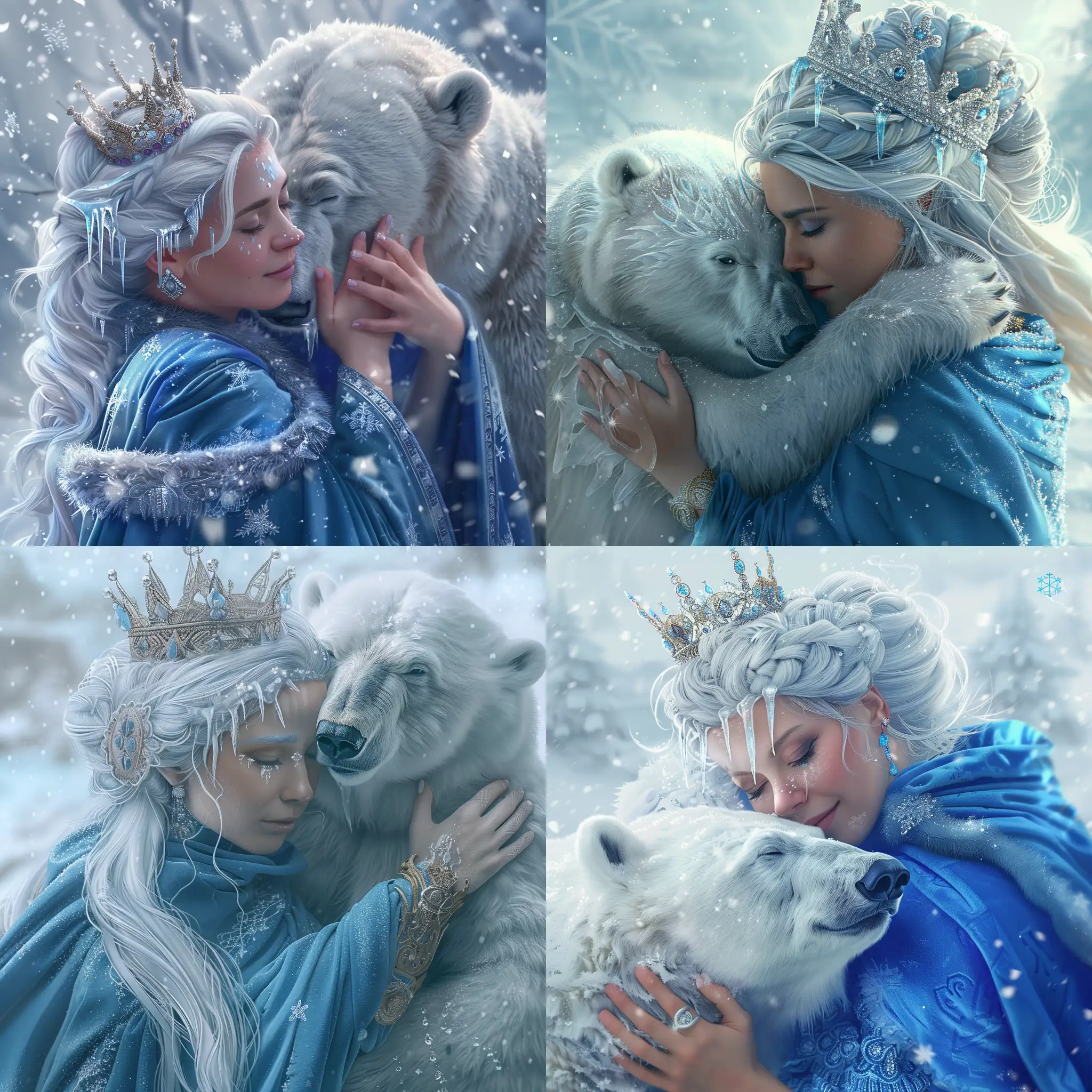 A highly detailed image of a beautiful regal snow queen woman , a crown on her head, a blue cloak  and icicles in her hair. She is hugging  her polar bear friend. The background is snow and ice. Beautiful magical mysterious fantasy surreal highly detailed