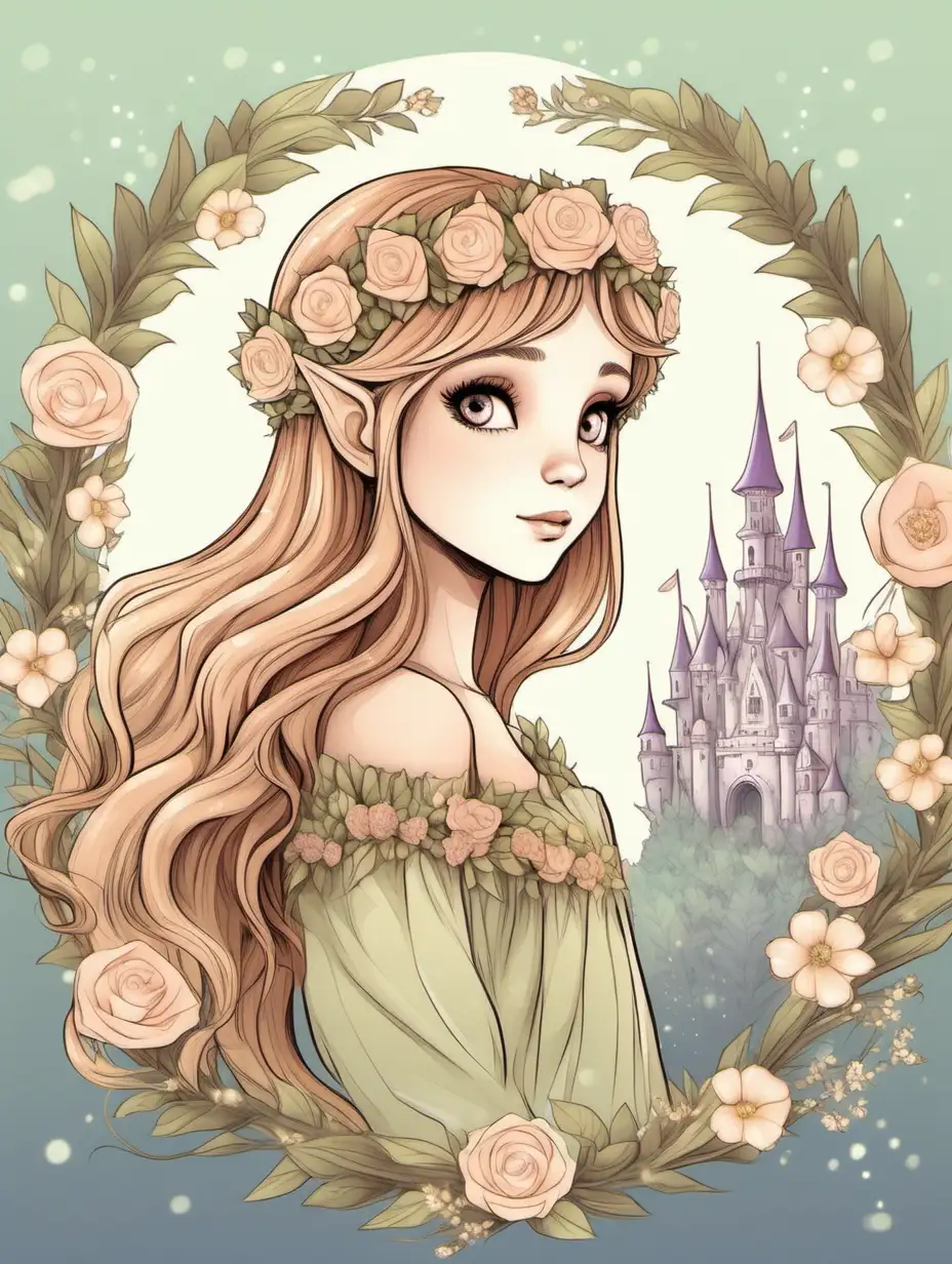 Illustration for kids, calming colors,  elf maiden  with rounded face,  with wreath of soft flowers in hair, light brown hair, magical castle in the background on right side of image
