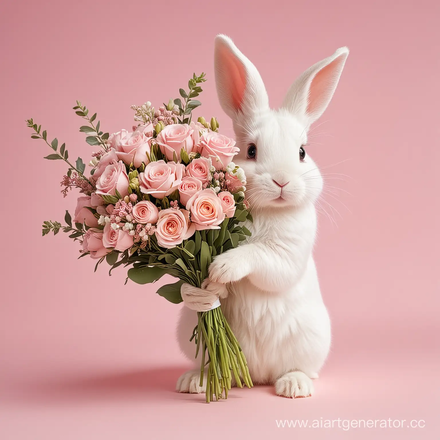 милый маленький белый зайчик с длинными ушками с букетом цветов, светло-розовый фон, фешн стиль, акриловая прорисовка