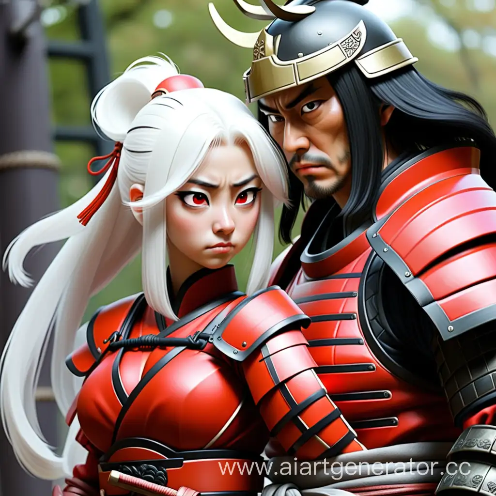 BlackHaired-Samurai-in-Red-Armor-Leans-over-WhiteHaired-Girl