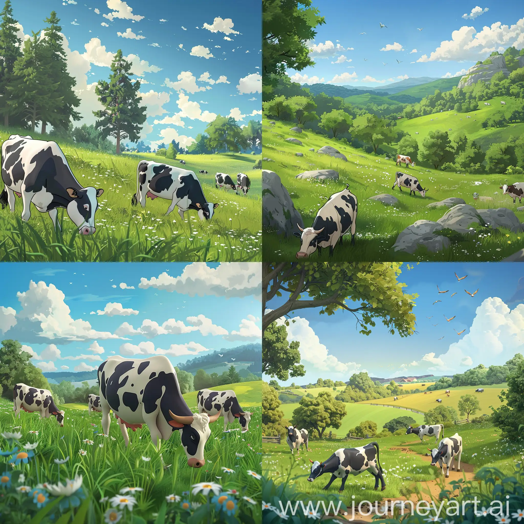Animated lanscape scene where cows are grazing, hd