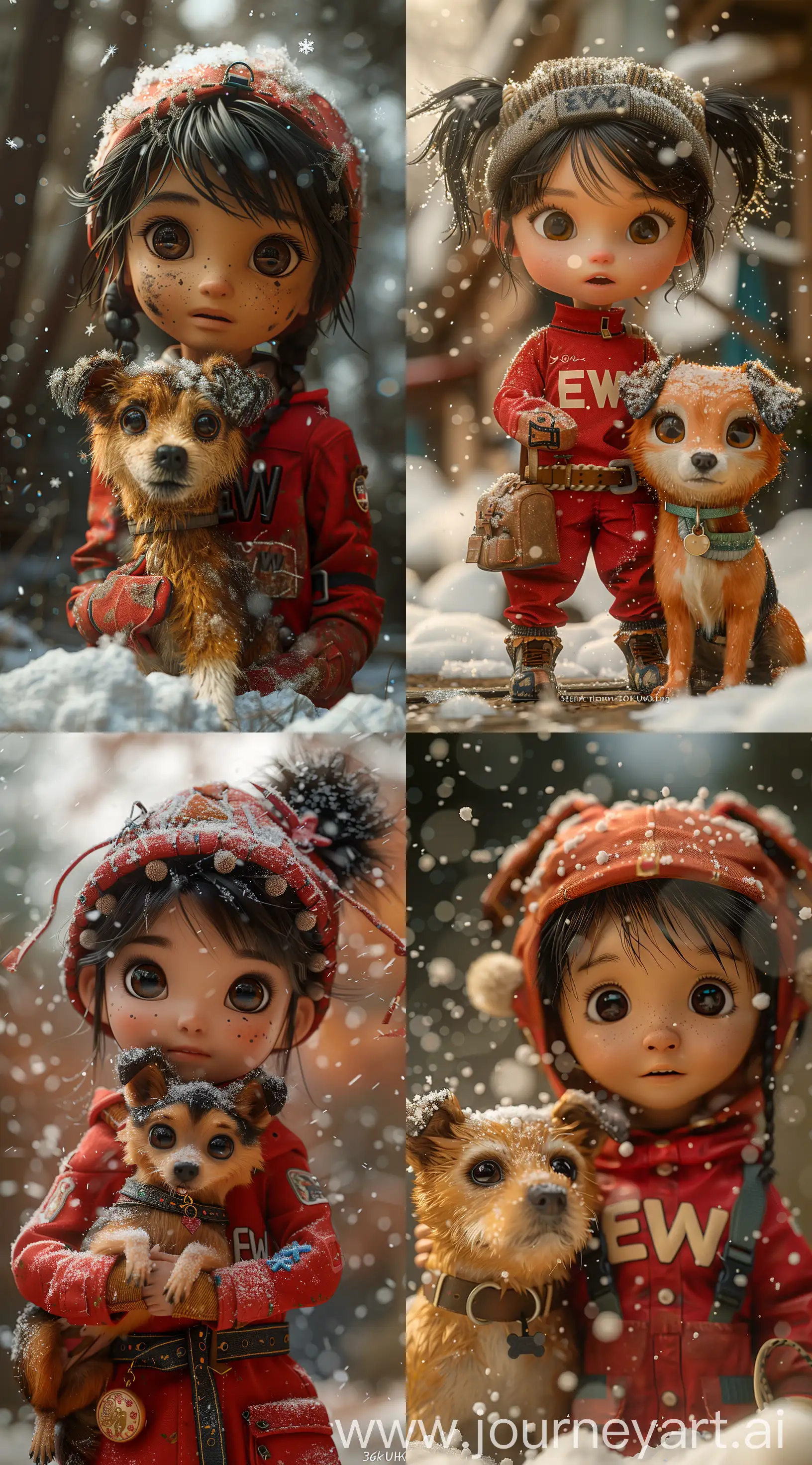 3d model of a cute girl in red outfit with the inscription "EWW" holding a dog in snow,  snowparticle, in the style of ilya kuvshinov, seth macfarlane, meticulous photorealistic still lifes, david teniers the younger, charming character illustrations, use of screen tones, 32k uhd --ar 71:128 --stylize 750