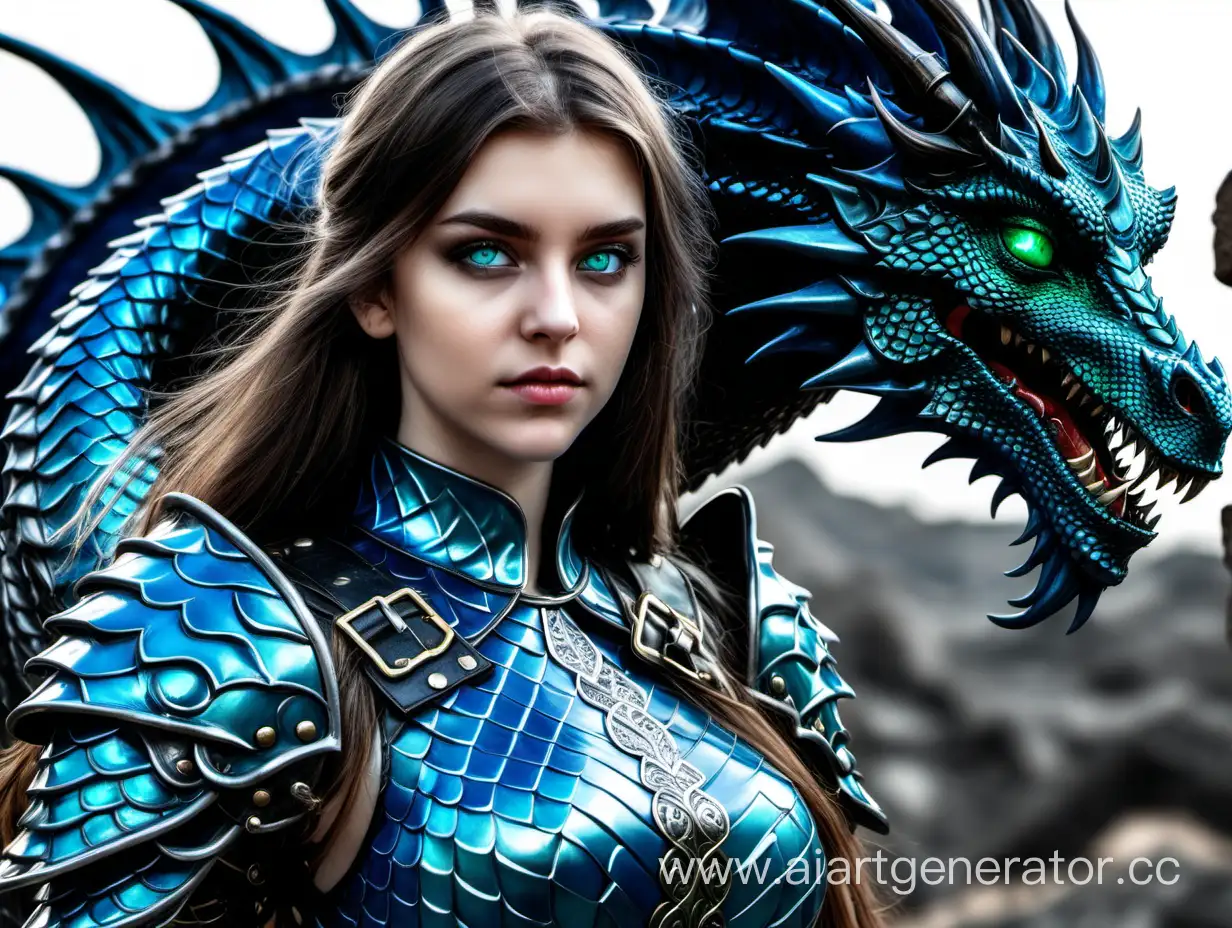 девушку с зелеными глазами и длинными волосами в кожаной броне синего цвета, охраняет черный дракон с изумрудной чешуей