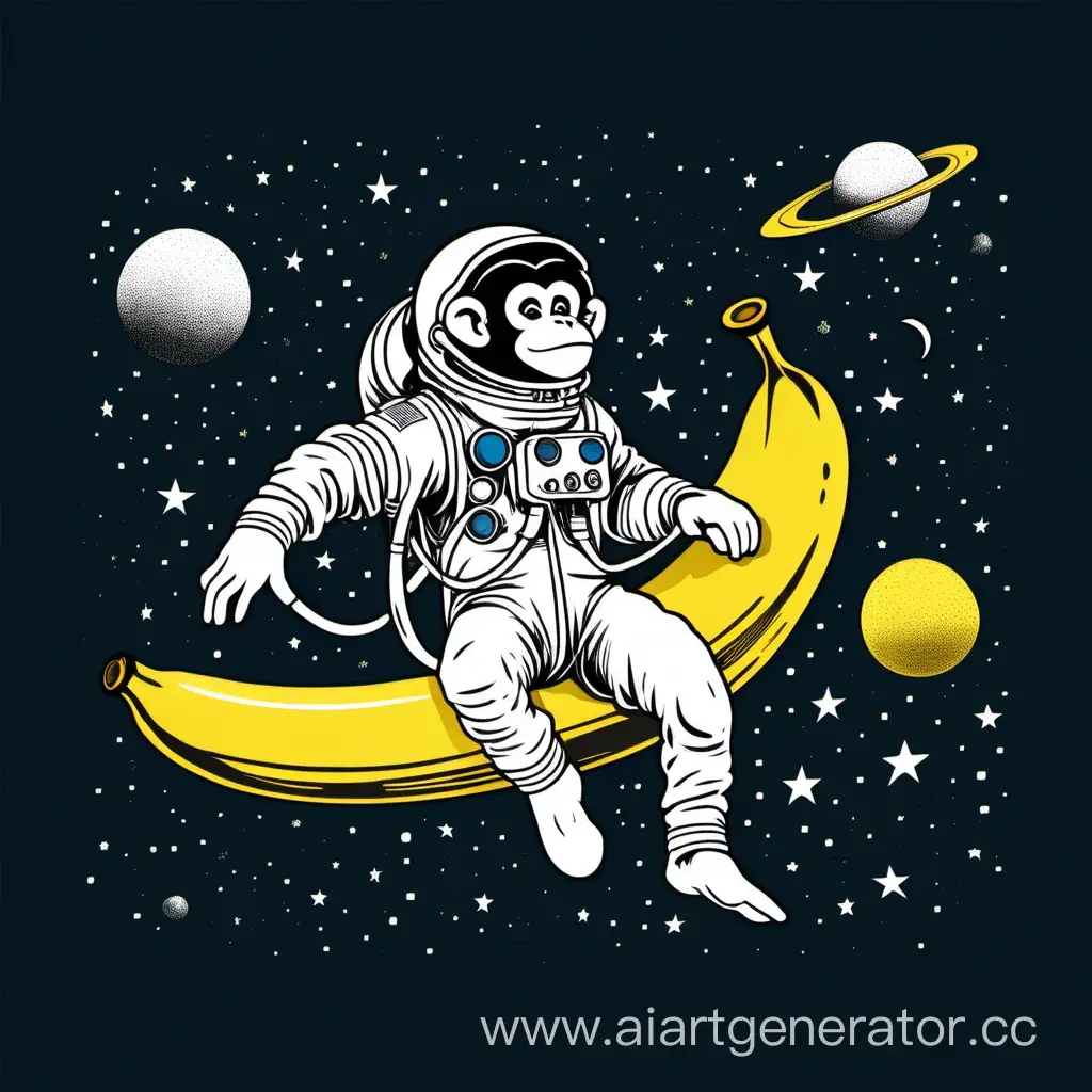Рисунок обезьяны космонавта в позе полусидя боком летит в космосе с бананом в руке, минимализм