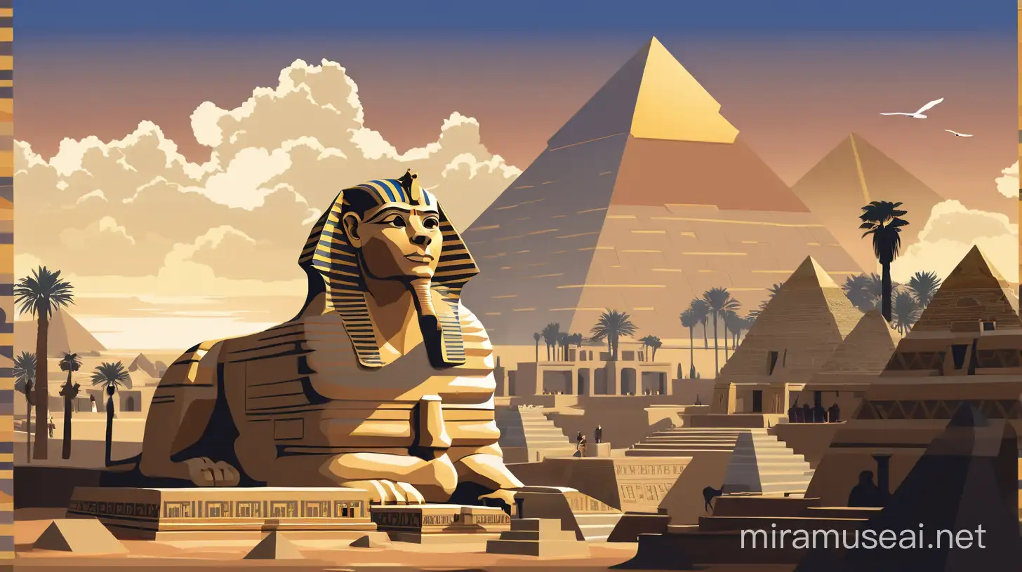 
Mixed style of flat vector art and travel poster: recreation of one sphinx in original state with recreated Grand Pyramids in original state and the Temple of Khufu recreated in original state and ancient Egyptian people in daytime with blue sky, sun and white clouds.