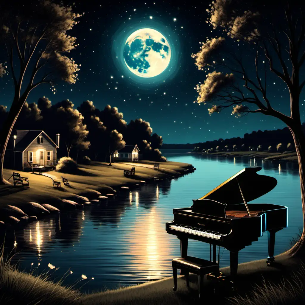 Midnight Romantic Moon River landscape with piano

