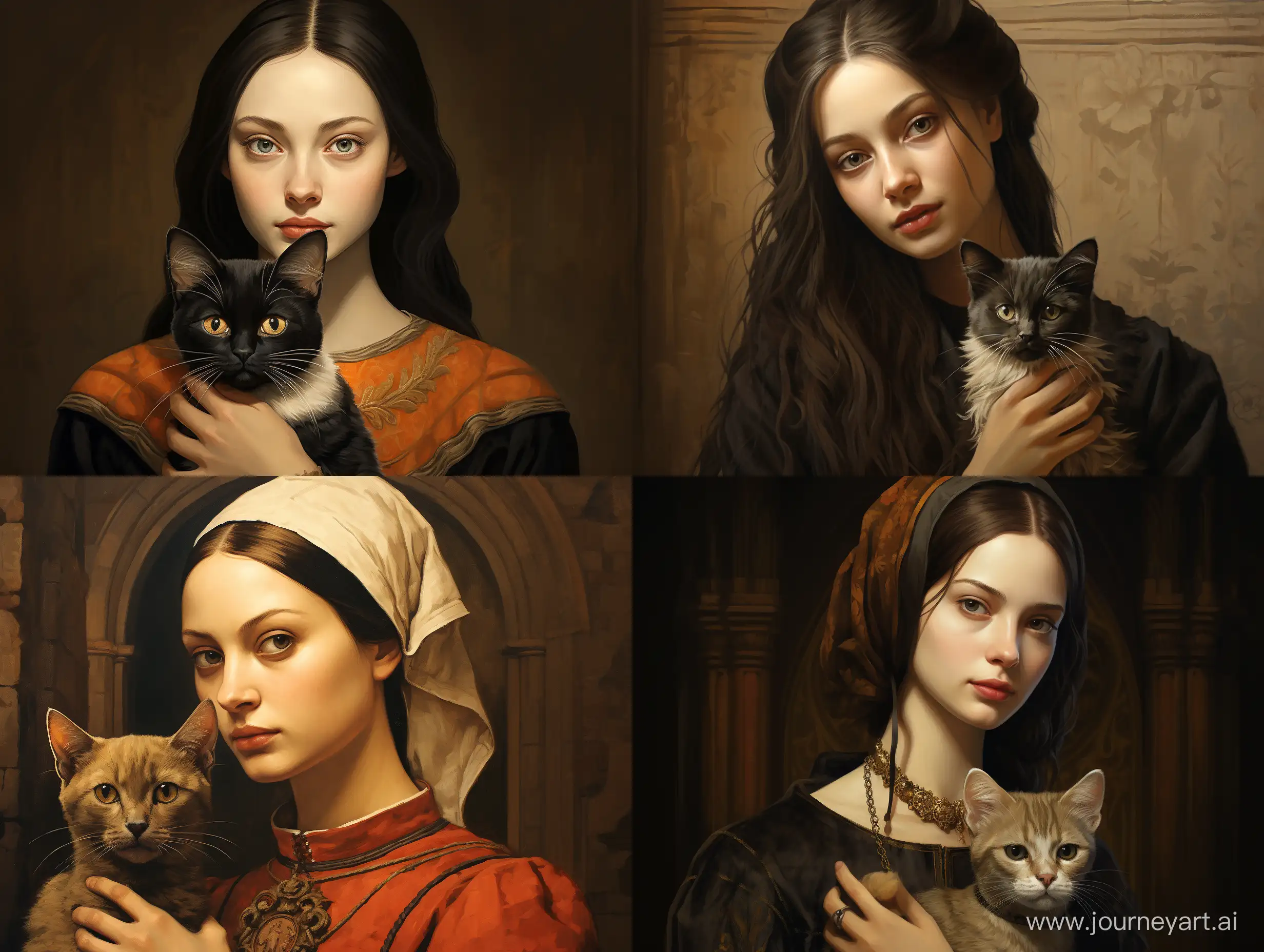портрет девушки похожей на Дарью Кравчук держит в руках сиамскую кошку, в стиле средневековой литографии, высокая детализация