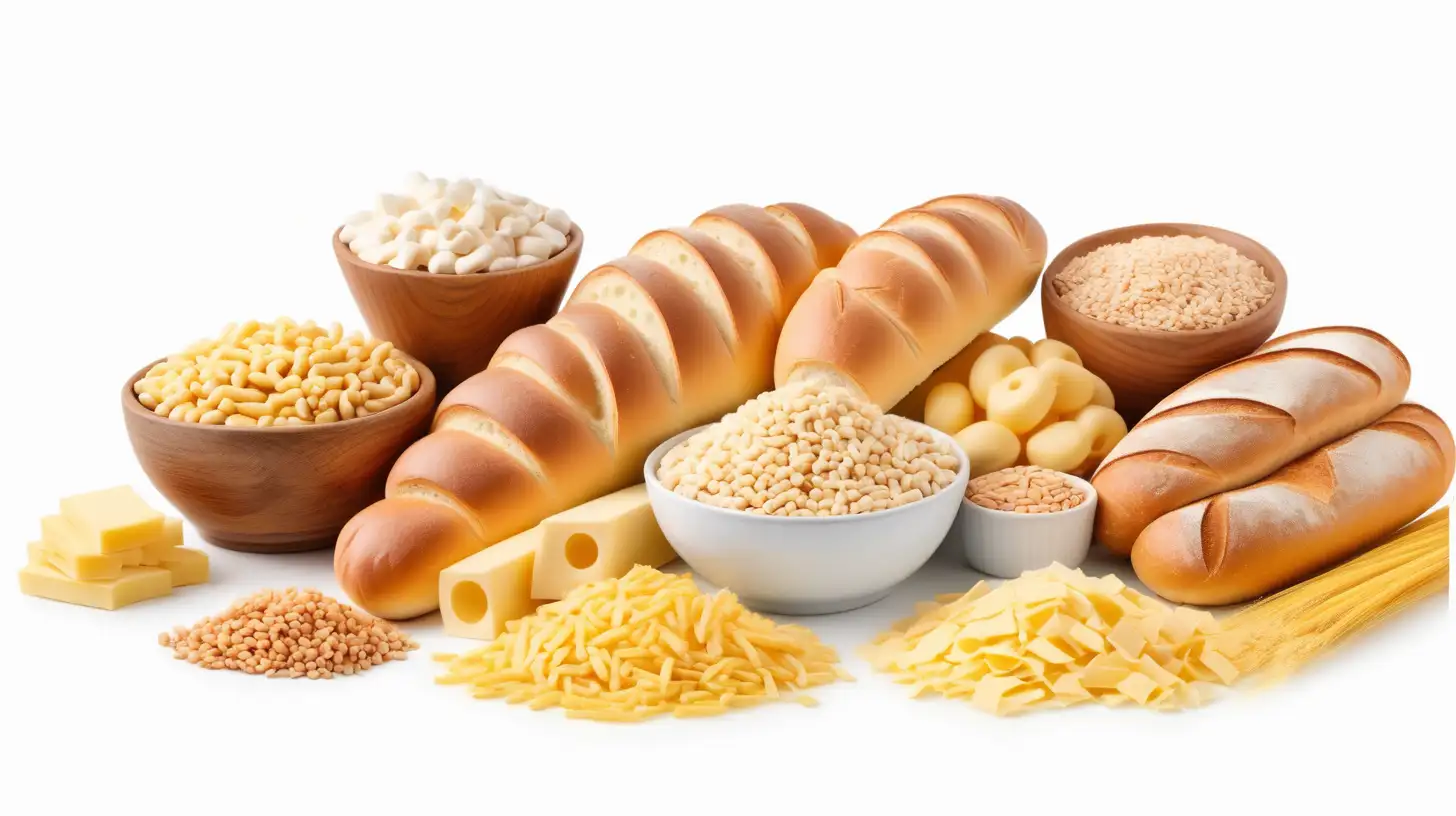 Assorted Carbohydrate Products Display White Background Copy Space