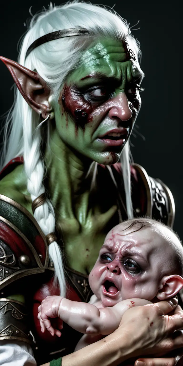 30yo elf woman with black eye and bruises holding an orc baby, crying