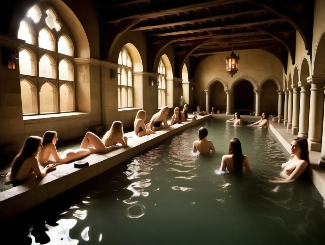 large, open, medieval bathhouse filled with many beautiful young girls, lounging, bathing