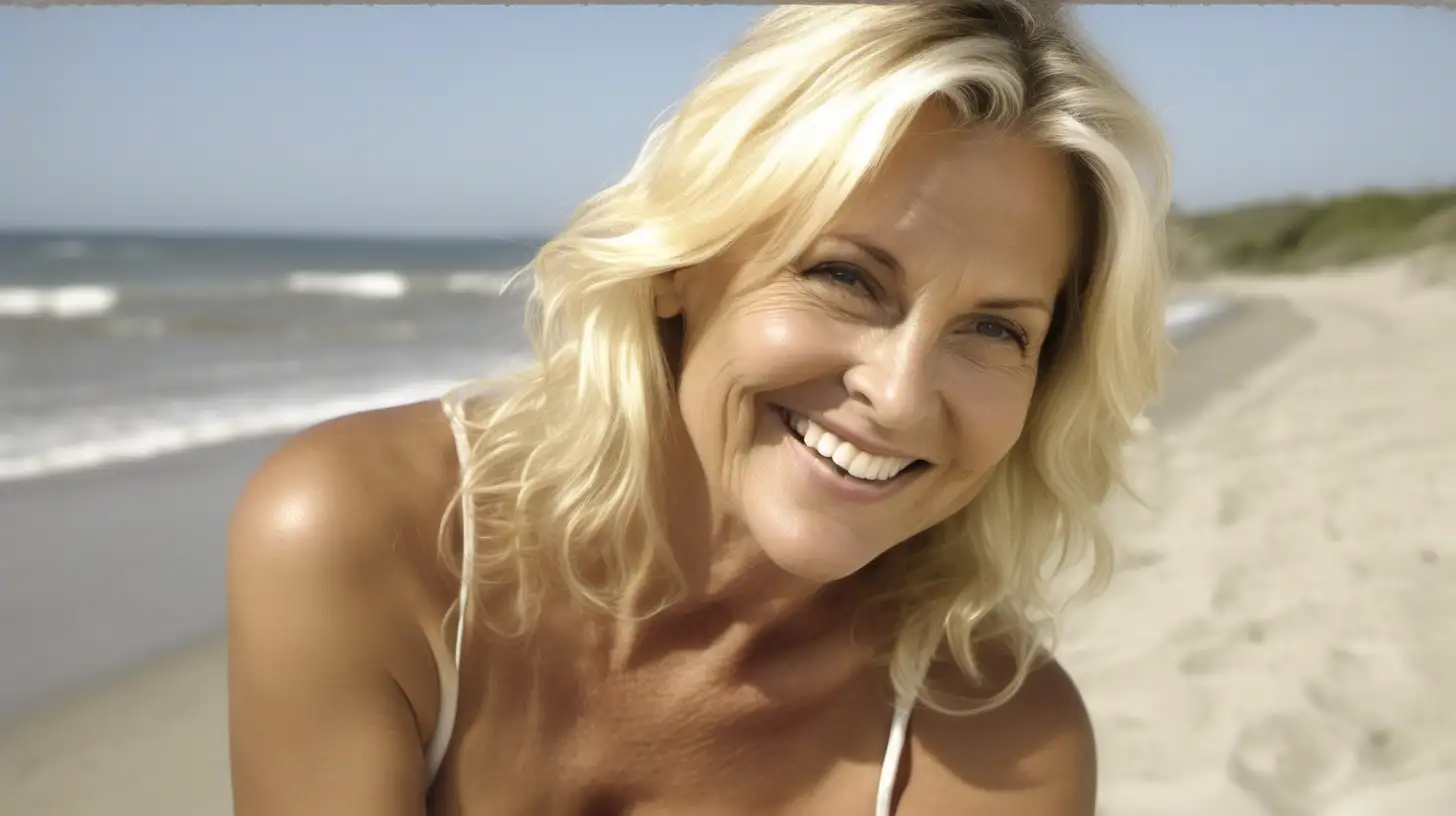 semi older blonde attractive woman at beach with larger breasts smiling waste up shot


