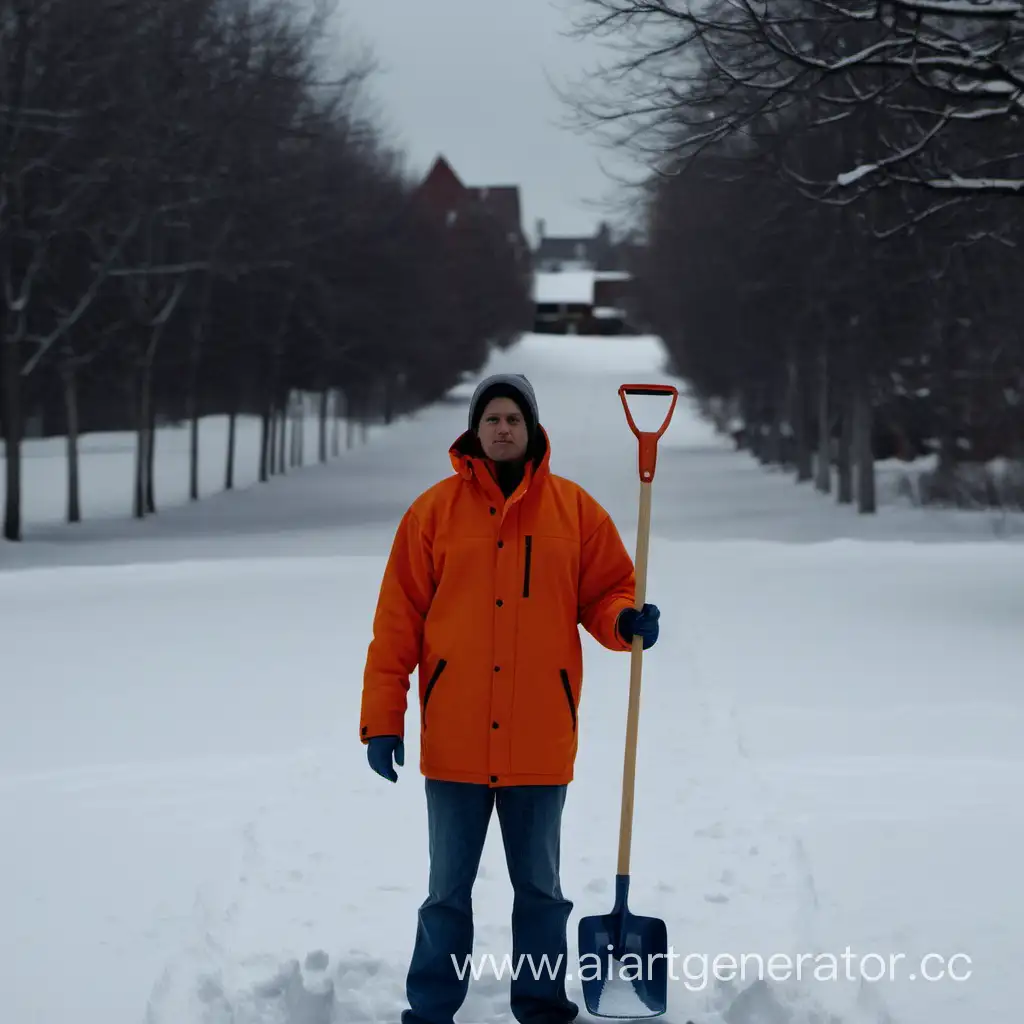 Человек стоит прямо в куртке оранжевого цвета, держа лопату для чистки снега в левой руке вертикально