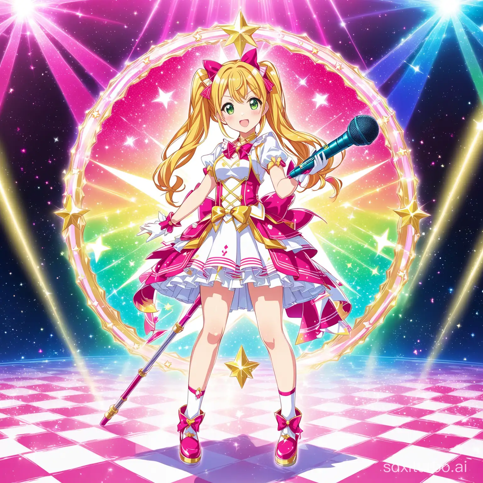 anime girl with a microphone and a microphone stand on a checkered floor, hololive, official artwork, sparkling magical girl, Macross Delta splash art, splash art anime loli, Idolmaster, !!full body portrait!!, Rin, Macross Delta, anime moe artstyle, Marin Kitagawa fanart, high resolution!!, official art, portrait of magical girl