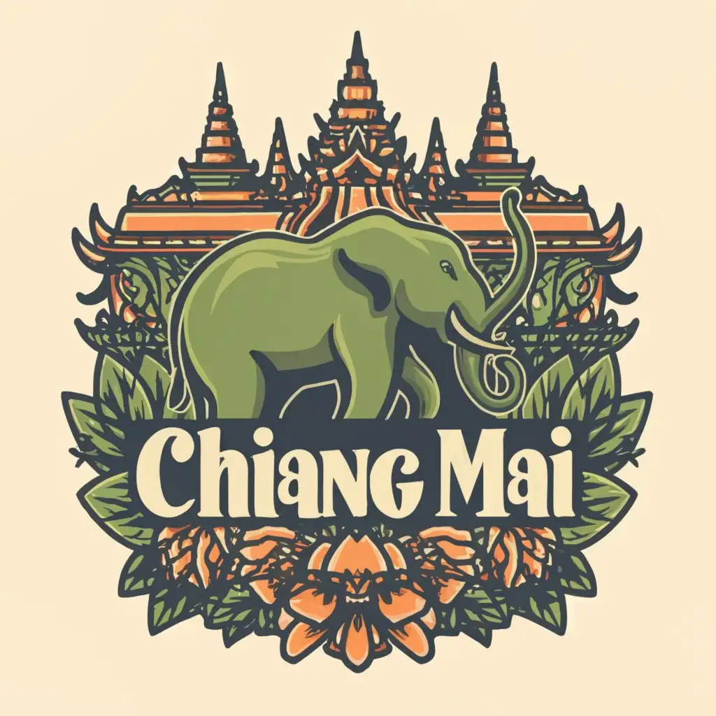 LOGO-Design-For-Chiang-Mai-Happy-Elephant-Emblem-with-Green-Mountain-Forest-and-Temple-Silhouette