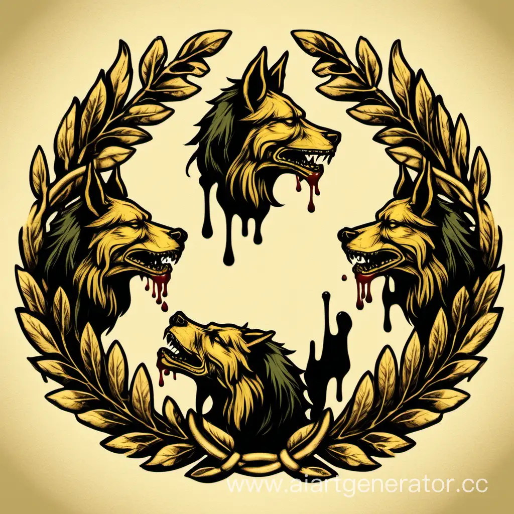 Нужен Логотип 3х церберов аида с лавровыми венками справа и слева в золотом цвете венков, церберы черные и из пасти стекает кров