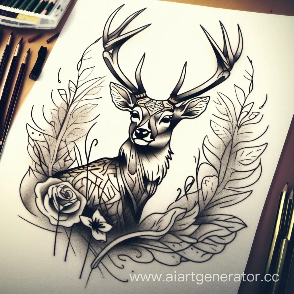 Tattoo-Sketch-of-Majestic-Deer-with-Artistic-Pencils