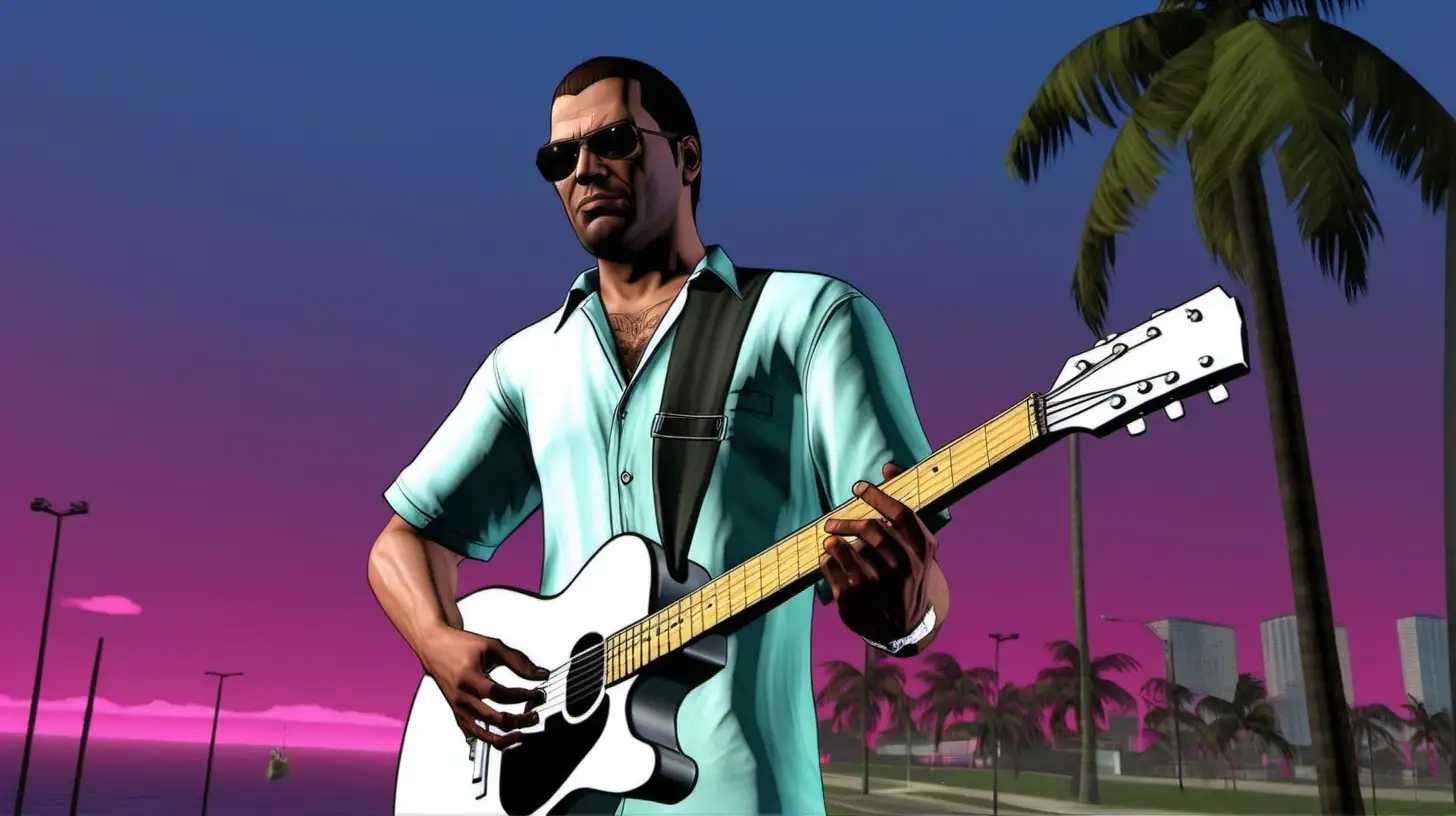 Medium shot of a white male Grand Theft Auto Video Game Character playing guitar in Vice City
