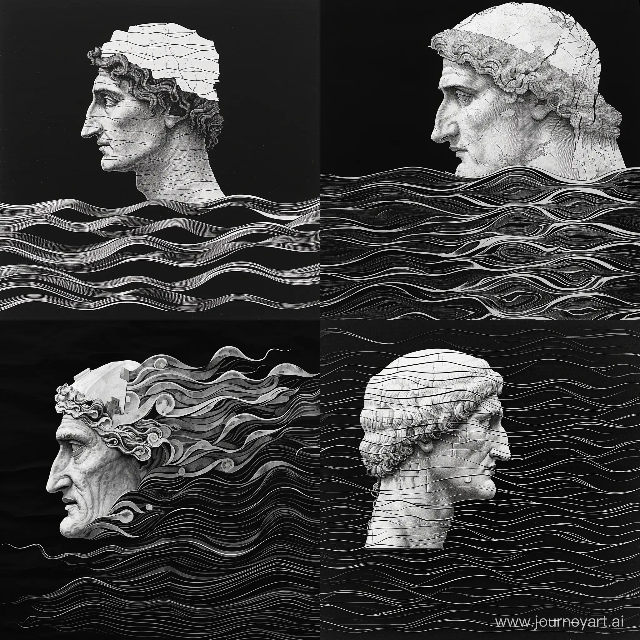 Black and white image of Dante Alighieri’s head in profile reflected in wavy dark water 
