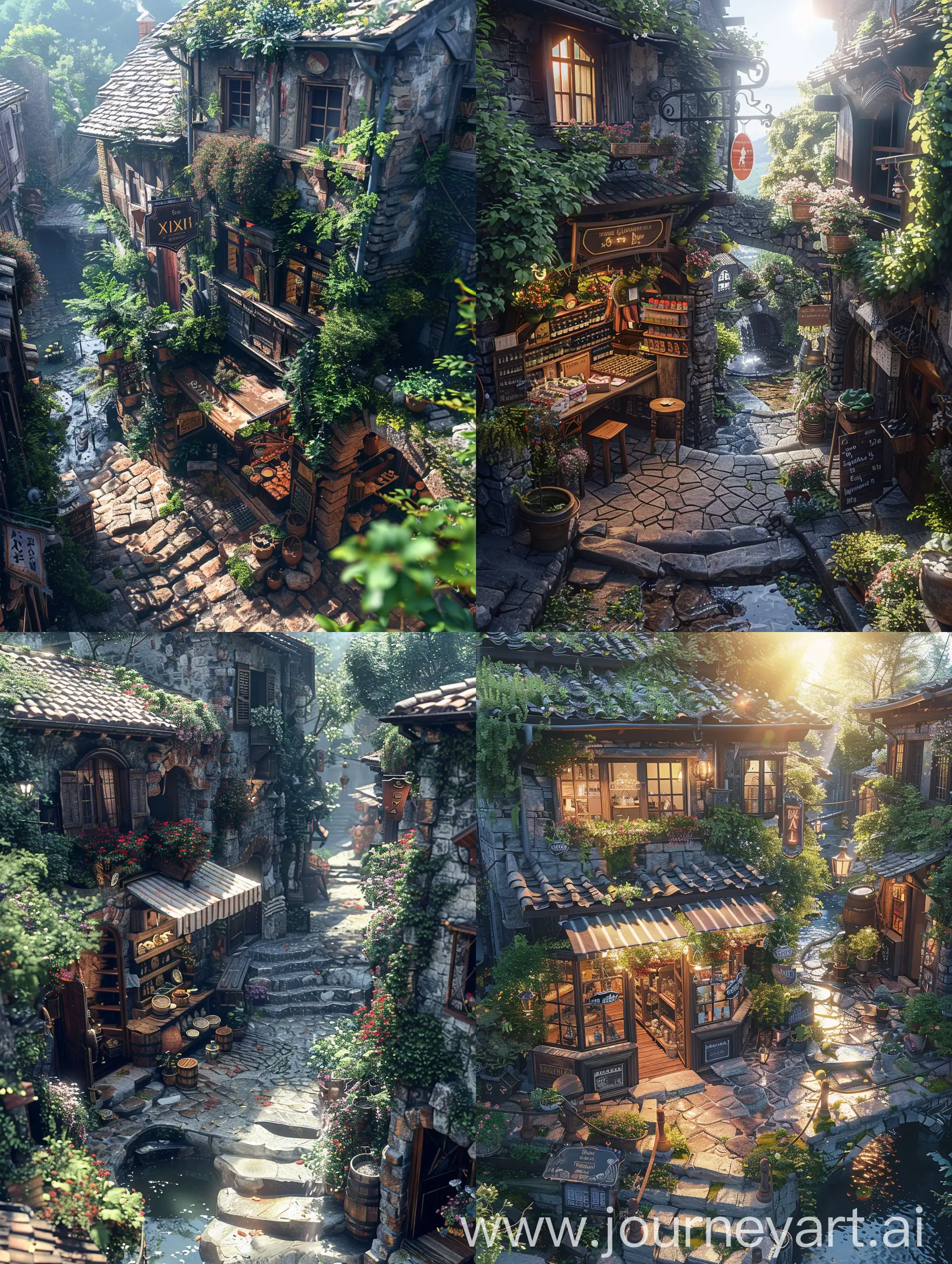 In the morning sun,a beautiful top view of a small shop in medieval Europe,an ancient street,stone steps,streams,beautiful artistic conception,ancient vicissitudes of life,healing and lovely painting style,exquisite texture,rich details,Extreme lighting effect，virtual engine,Xixin rendering,ultra-high quality picture masterpiece --s 500
