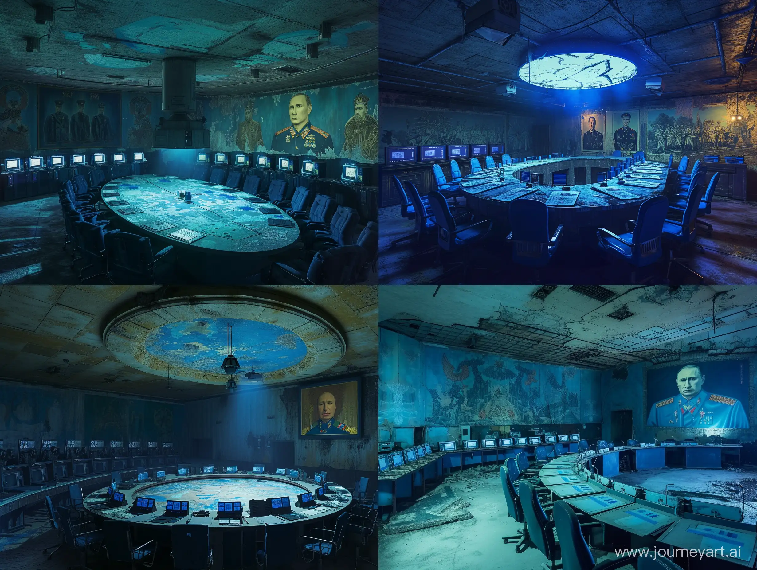 A dimly lit, subterranean chamber deep within a secret military installation in the heart of rural Russia. The walls and ceiling are adorned with intricate, faded murals, painted in shades of deep blue and indigo, depicting scenes of ancient Russian mythology and military triumphs. A faint, eerie glow emanates from rows of computer terminals lining one side of the room, casting an ethereal blue hue over the otherwise shadowy environment. In the center of the chamber, a massive, circular table is surrounded by ten high-ranking military officers, each wearing distinctive blue and gold uniforms. The table is covered with top-secret documents, maps, and technical schematics, all bearing the same distinctive blue stamp. The air is thick with tension and the whispered murmurs of hushed conversations, as the officers discuss classified information and plot strategies under the watchful gaze of a massive portrait of a stern-looking Vladimir Putin hanging on the wall behind them.