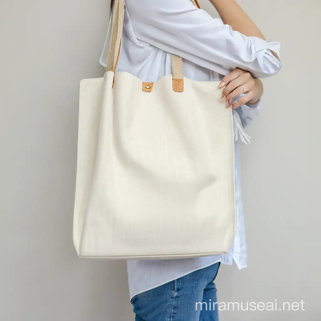 indoor background with woman 
cloth bag