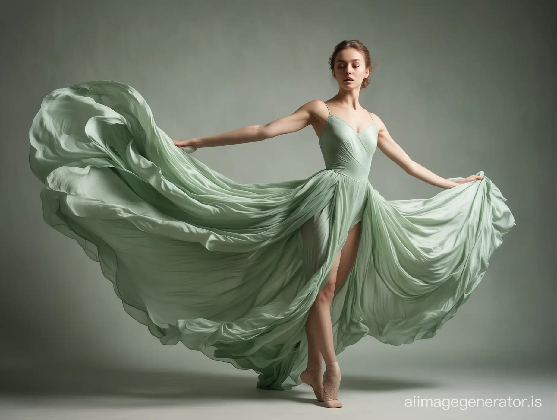 Молодая красивая балерина в балетном прыжке grand jete, шпагат в воздухе, полный рост, на ней длинное платье, муза искусства, окруженная большим количеством струящейся шелковой ткани нежно-зеленого цвета, ткань окружает ее со всех сторон, она словно купается в складках ткани, сложные складки, динамичная поза, первичная энергия, высокое разрешение, модная фотосессия, Лаокоон, сложное освещение