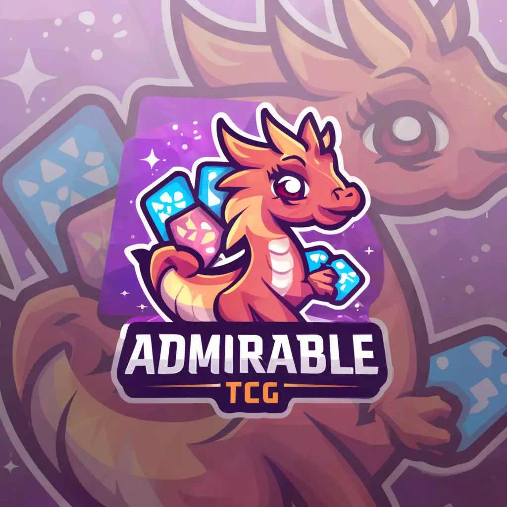 a logo design,with the text "ADMIRABLE TCG", main symbol:Develop a female dragon flat vector, illustrative-style mascot logo for ADMIRABLE TCG and introduce a playful character with magical card powers, interacting with various game elements like dice or tokens. Use a vibrant purple color palette with white accents to appeal to a younger audience on a white background.,Moderate,be used in Retail industry,clear background