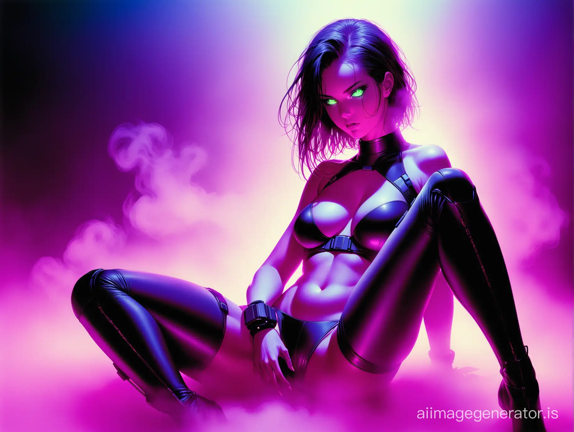 (QR eye),(QR code on the pupil of the eye),(Eye|QR-code);("Ghost in the Shell"));((full-body view, full-length));(woman dressed in cyberpunk style); (full body,reclining position);(neon fog-smoke, neon backlight,Mysterious);((Erotic photo shoot),(nu));(Photo by Herb Ritts | Richard Avedon);(Greg Rutkowski | Dorian Klivenger | Luis Royo)