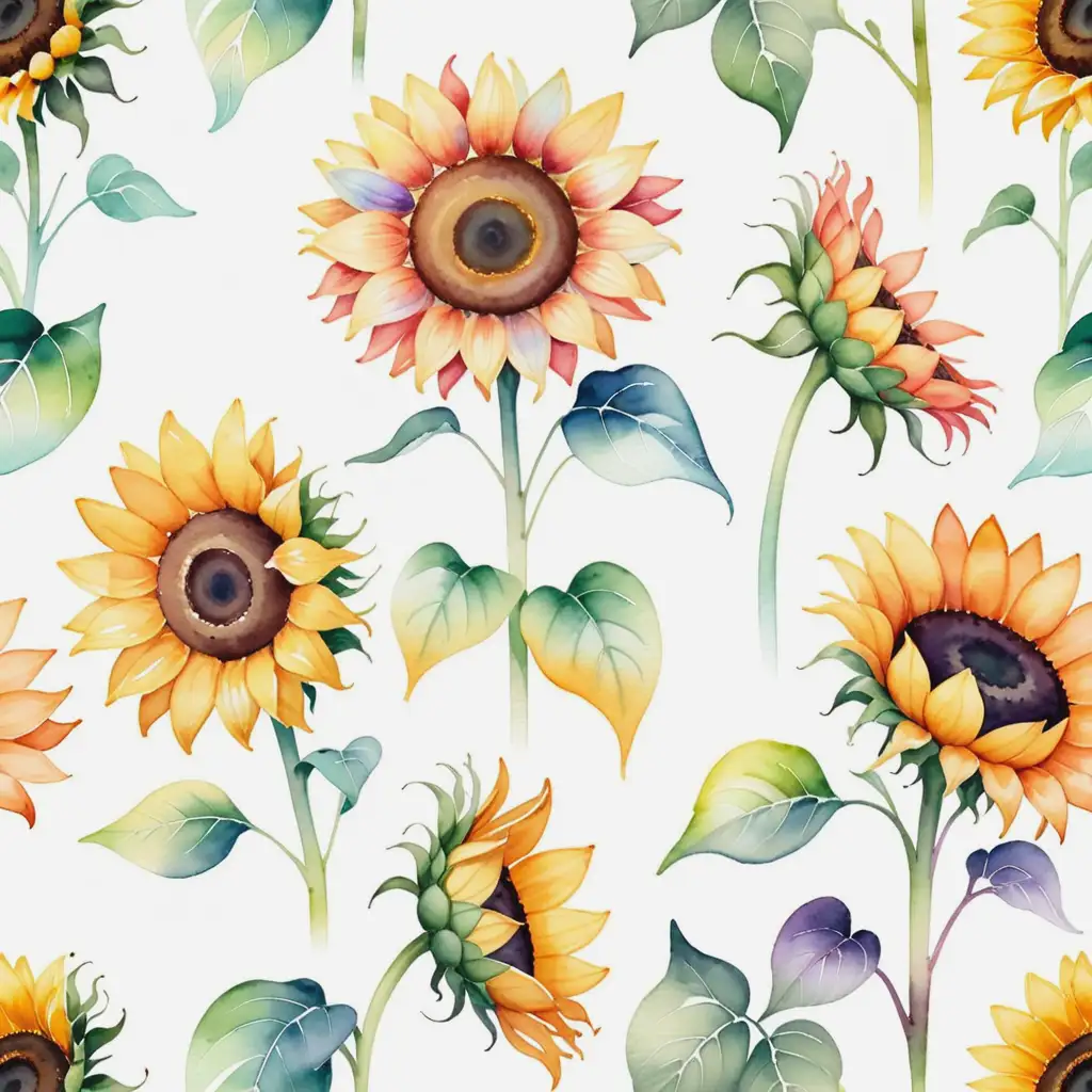 Soft Pastel Watercolor Sunflowers on White Background