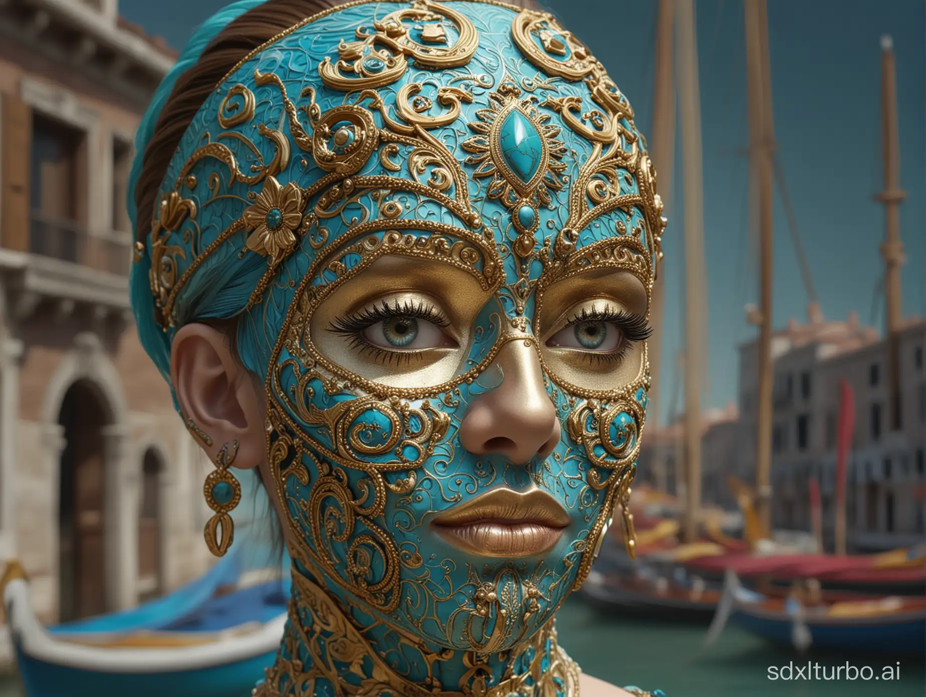 Leo Messi wearing an elaborate mask around her face, in the style of Vray tracing, cloisonnism, turquoise and gold, miniature sculptures, impressionistic Venice scenes, realistic fantasy artwork, exquisite detail --ar 35:64 --stylize 750 --v 6