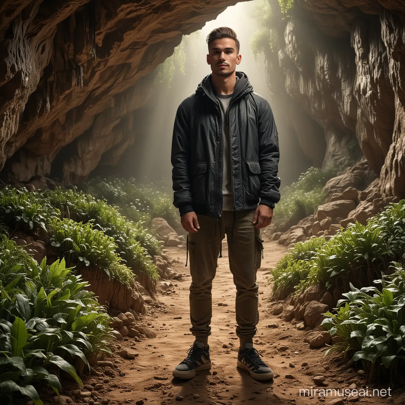 young man with hair in a bun. Standing in front of the cave, wearing sneakers, wearing a jacket with an evil grin on his face. Harvesting plants in a glowing cave, 800mm lens, realistic, hyperrealistic, photography, professional photography, deep photography, ultra HD, very high quality, best quality, medium quality, HDR photo, focus photo, deep focus, very detailed, real photo, photo original, ultra sharp, nature photo, long shot, masterpiece, award winning, taken with hasselblad x2d