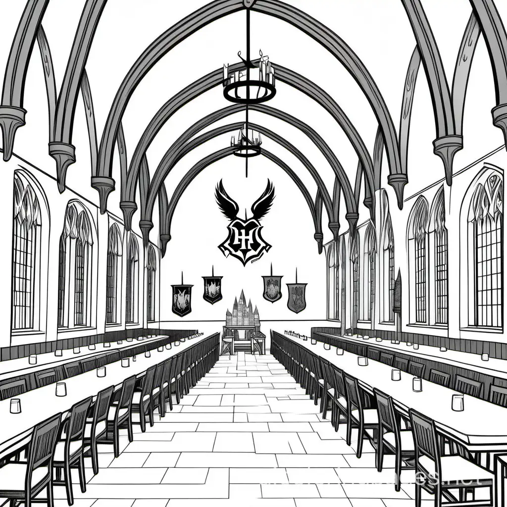 hogwarts dining hall, Coloring Page, black and white, line art, white background, Simplicity, Ample White Space. The background of the coloring page is plain white to make it easy for young children to color within the lines. The outlines of all the subjects are easy to distinguish, making it simple for kids to color without too much difficulty