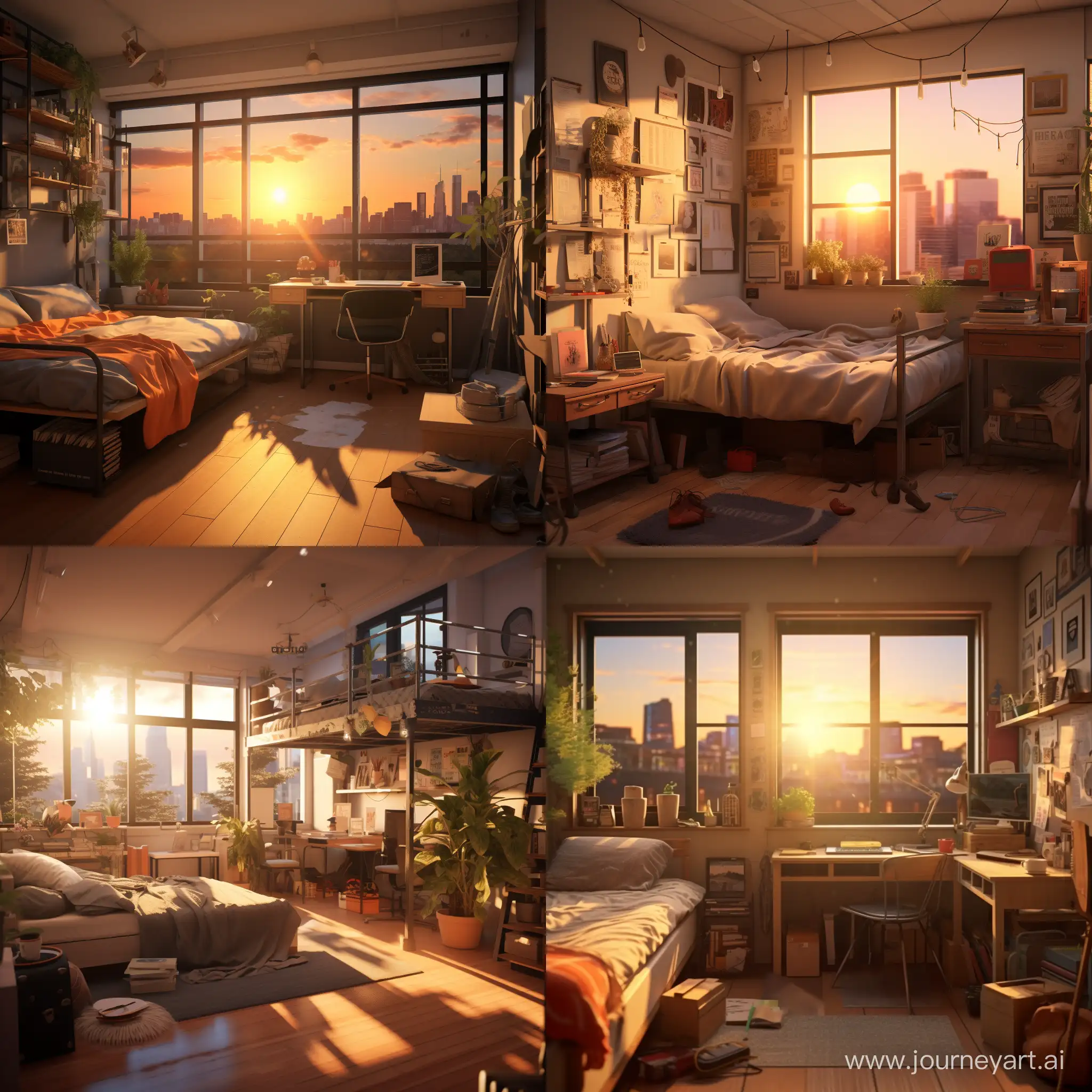 a realistic dorm room, interior design, golden hour, noisy, urban, atmospheric