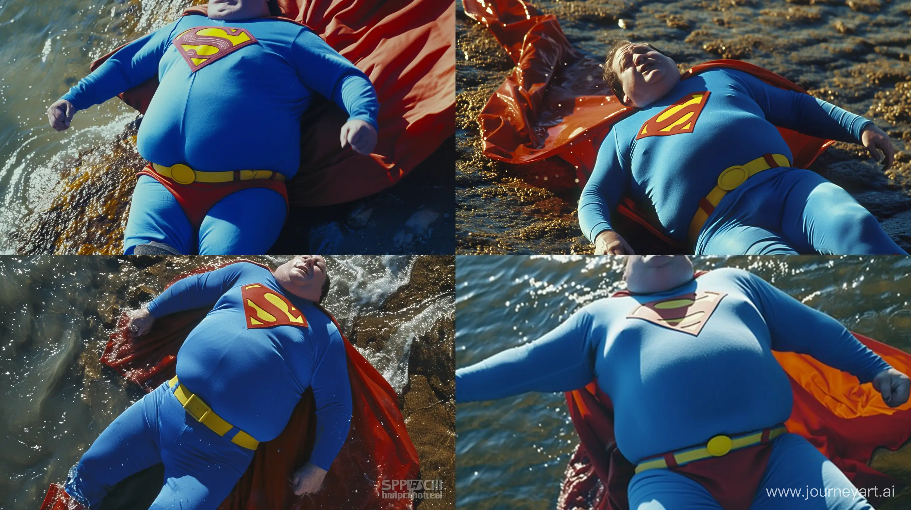 Close-up photo of an afraid fat man aged 60 wearing a tight blue 1978 smooth superman costume. Blue shirt. Blue pants. Red boots. Red Trunks. Yellow Belt. Red cape. He is falling on his back. River. Natural Light. --style raw --ar 16:9