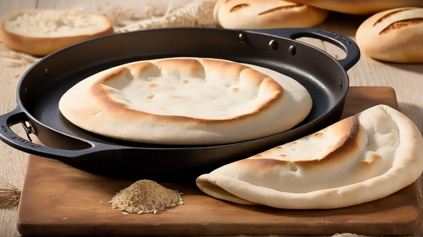 Ancient Black Pan Cooked Pita Bread with Rising Heat and Steam