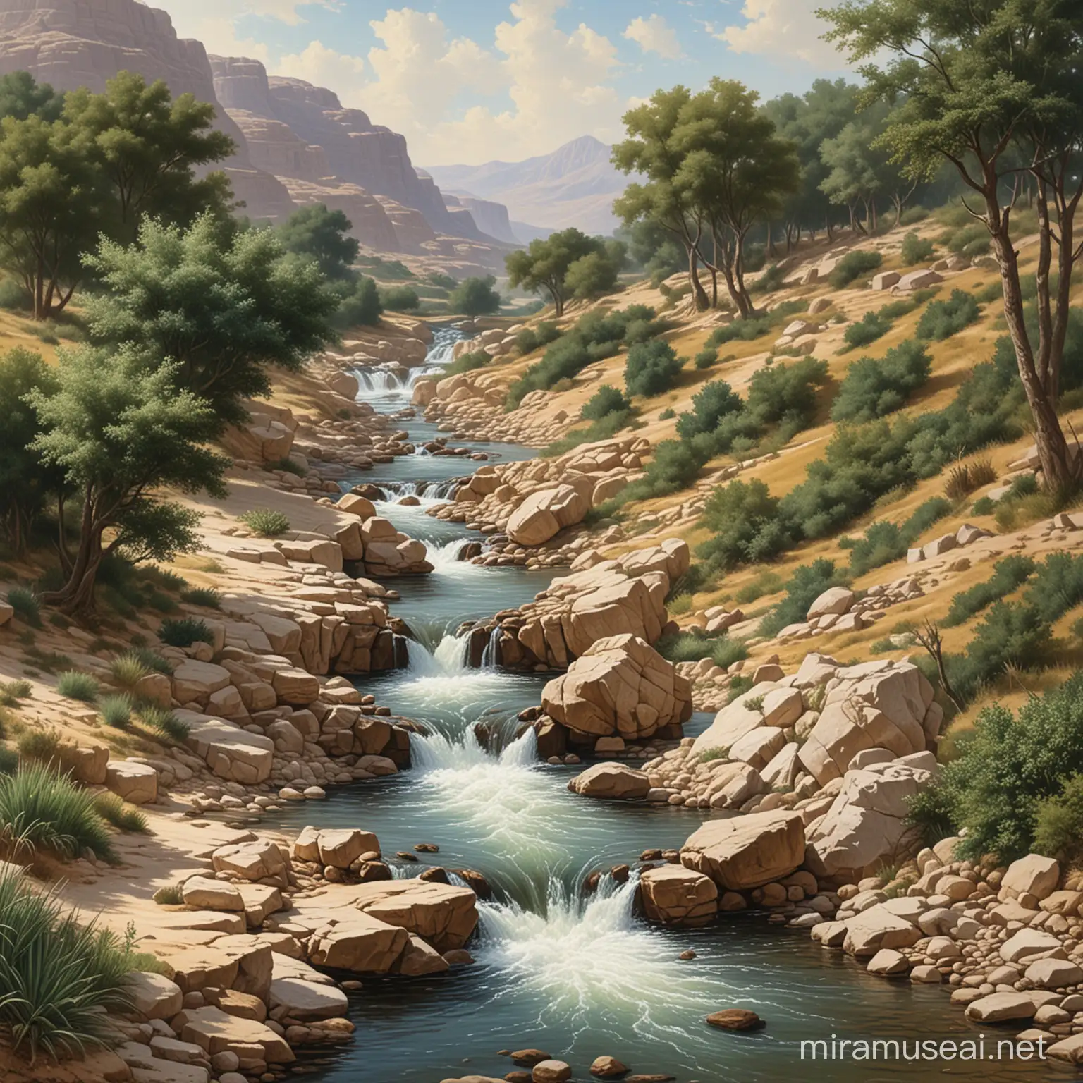 The image depicts a river with a small waterfall in a natural outdoor setting.For, lo, I raise up the Chaldeans, that bitter and hasty nation, which shall march through the breadth of the land, to possess the dwellingplaces that are not their's