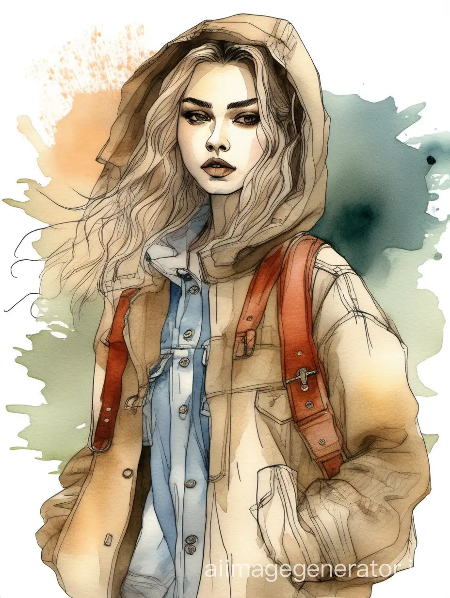 ((Striking russian Woman model exuding charismatic actor energy))(Incorporating Ghibli aesthetics)(Infusing an earthy and organic appearance)(woman adorned in unique streetwear, blending old and new design elements)(Hand-drawn sketches in a sketchbook style)(Watercolor paint application)
