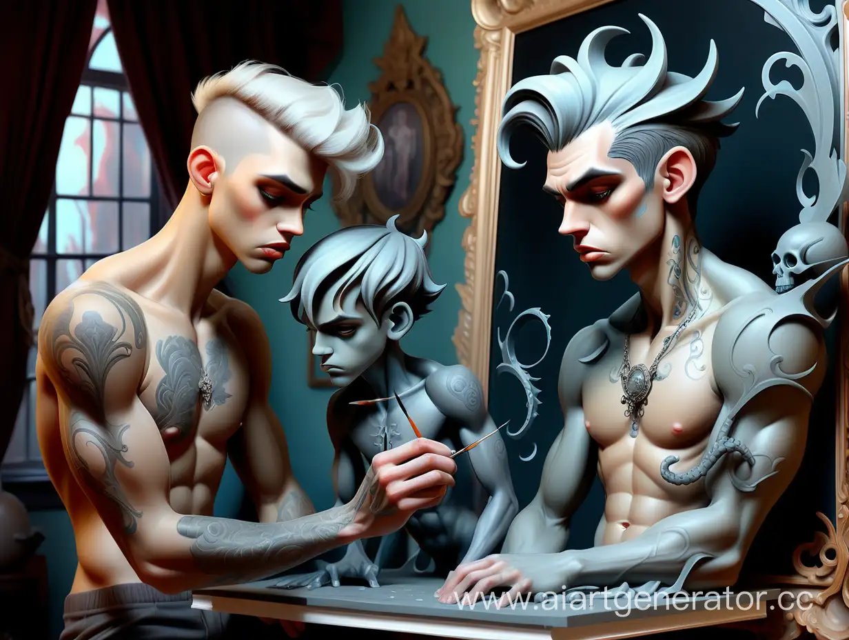 a man painting a 3d print of a boy and figures,in the style of natalie shau,daniel f. gerhartz,luis royo,ornate details,monumental ink paintings,detailed natural scenes,tattoo inspired,