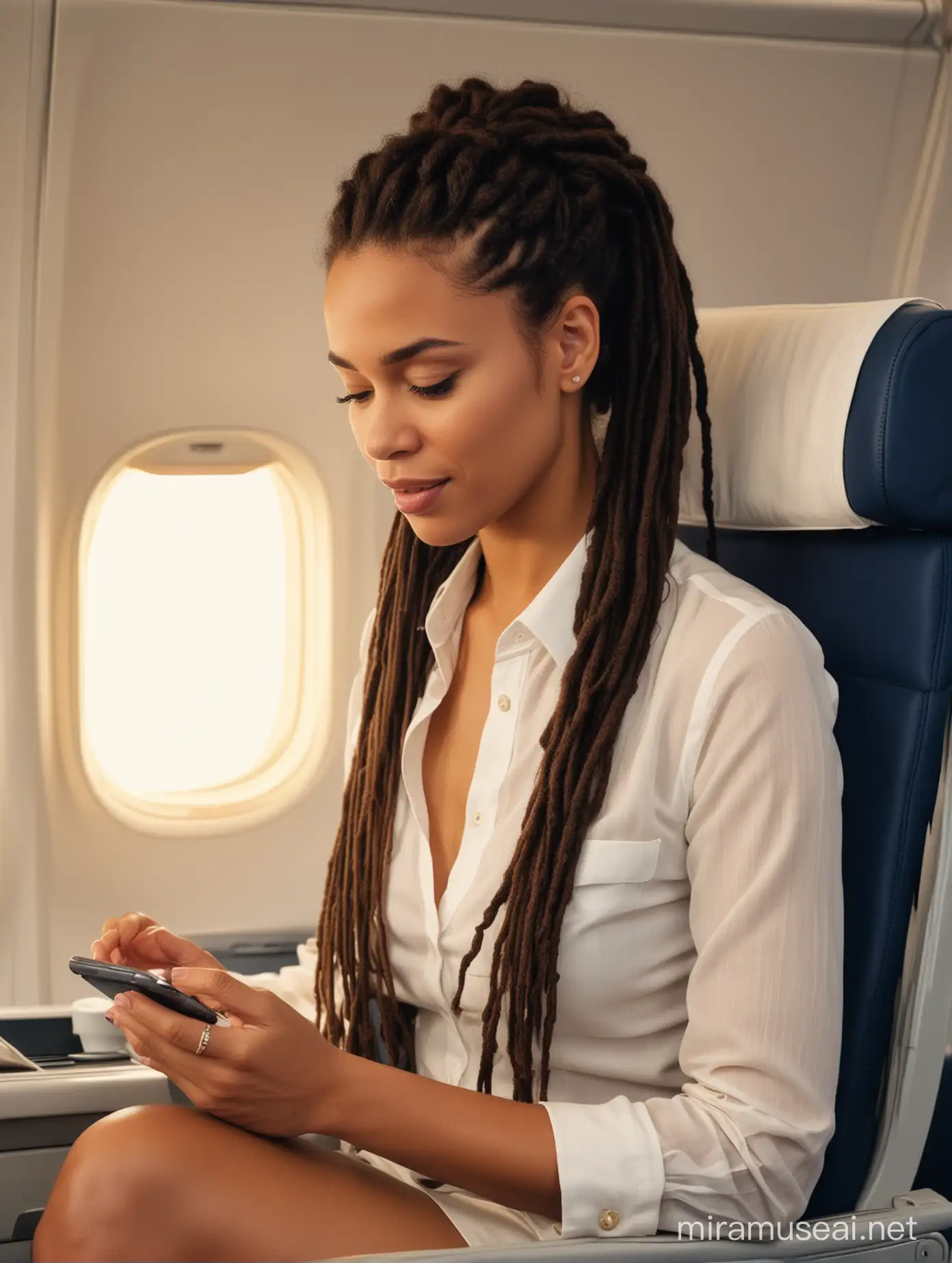 4K full length image of an very beautiful carribean lightskin distinguished woman whith ponytail dreadlocks  is comfortably sitting in first class of an Air France, she is texting on her Iphone 15. Professional lighting, night. candid celebrity shots, uhd image, body extensions, natural beauty --ar 69:128 --s 750 --v 5. 2