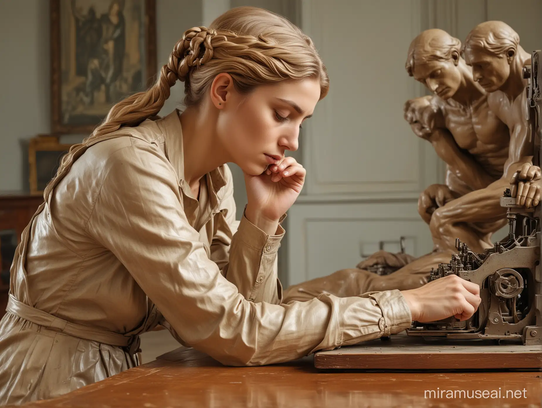beautiful image of a woman trying to understand an ia machine,  she looks like the Thinker of the sluptor Rodin, old fashioned desk,  with people around expecting answers
