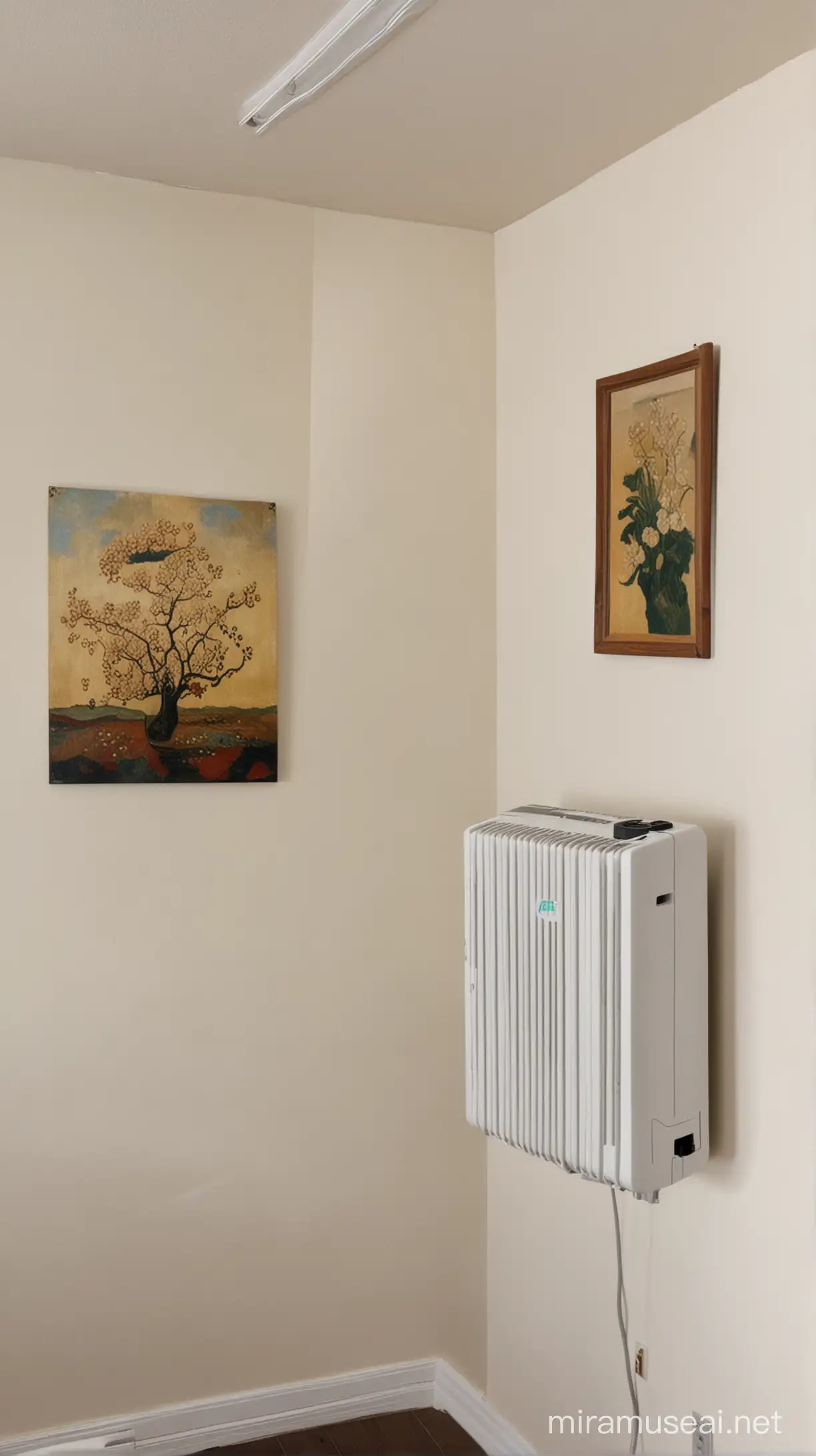 a dehumidifier hanging in a room with art on display
