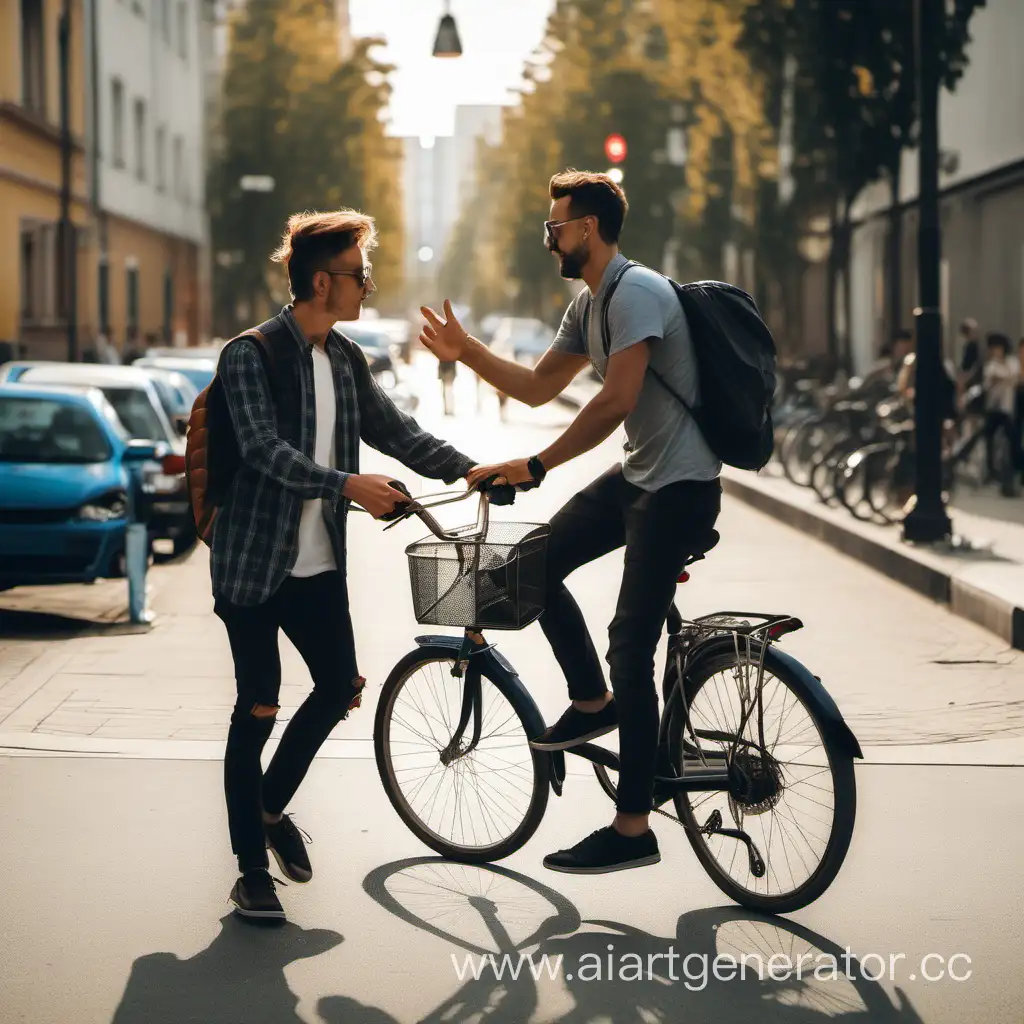 Meeting-Friends-Bicyclist-Encounters-Acquaintance-on-Urban-Street