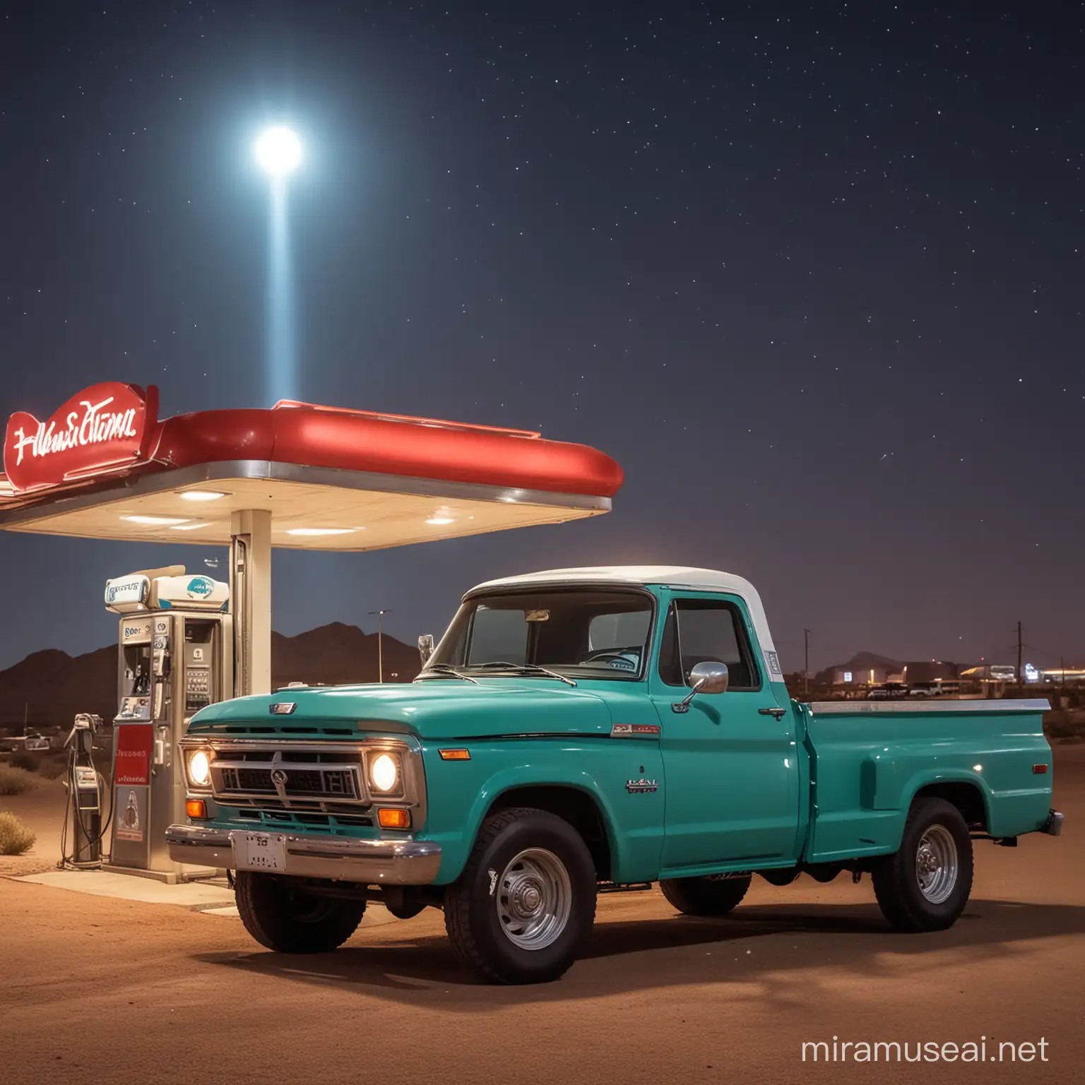 Classic Pickup Truck at Desert Gas Station with UFO Encounter