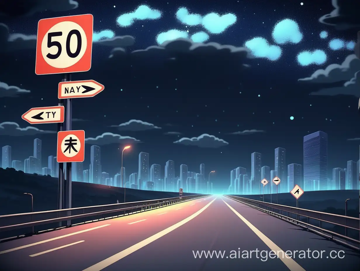 Шоссе под звездным небом, дорожный знак, город на фоне, аниме-стиль, мрачное