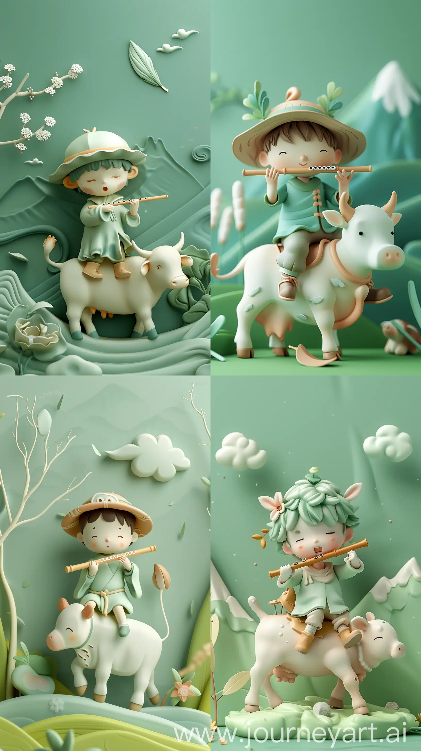 
3D, cute, green background, Fabric materials, Dopamine color scheme, light green soft blue, A shepherd boy with a flute riding on a cow, In the distance is a mountain, Willow leaf, —ar 9:16 —stylize 250